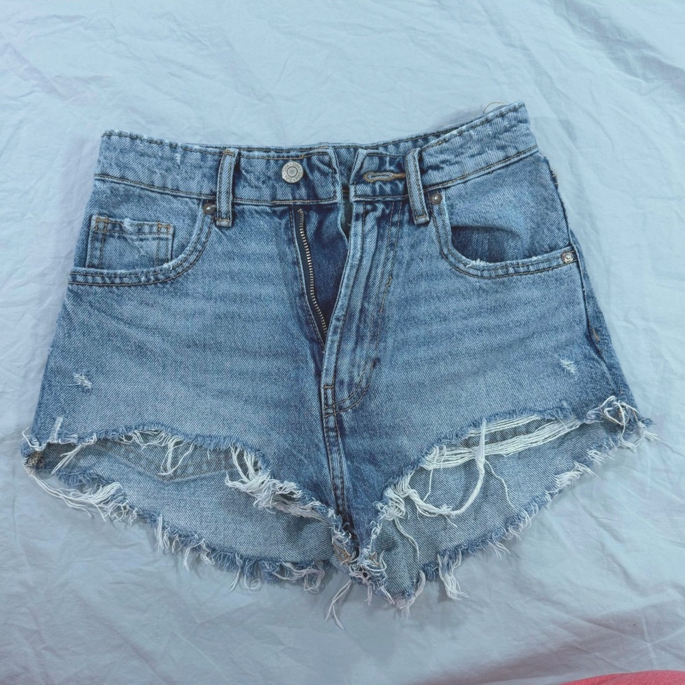 Zara Womens High Rise Distressed Denim Cut Off Shorts Light Blue Size 0 EUR 32